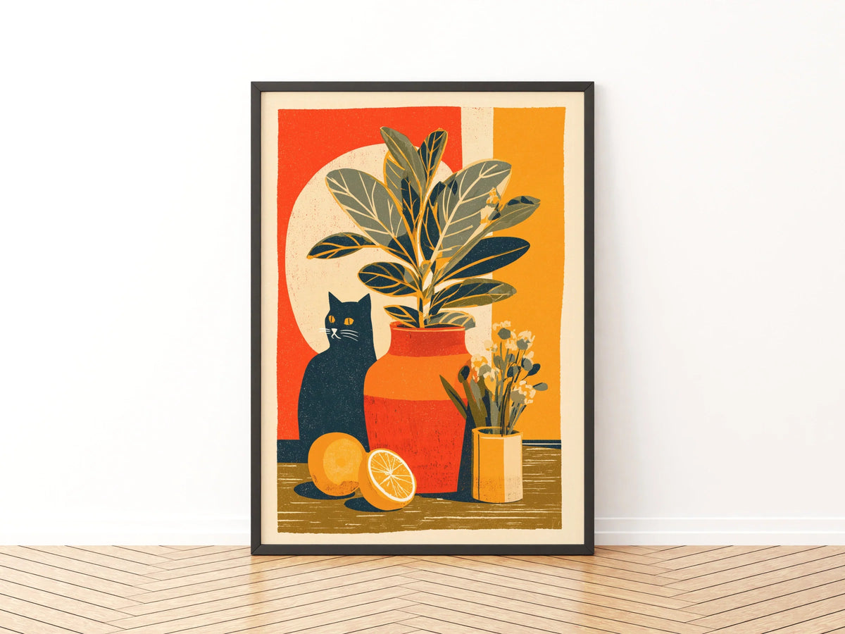 Black Cat Retro Still Life Poster, Rubber Plant Print, Vintage Style Wall Art