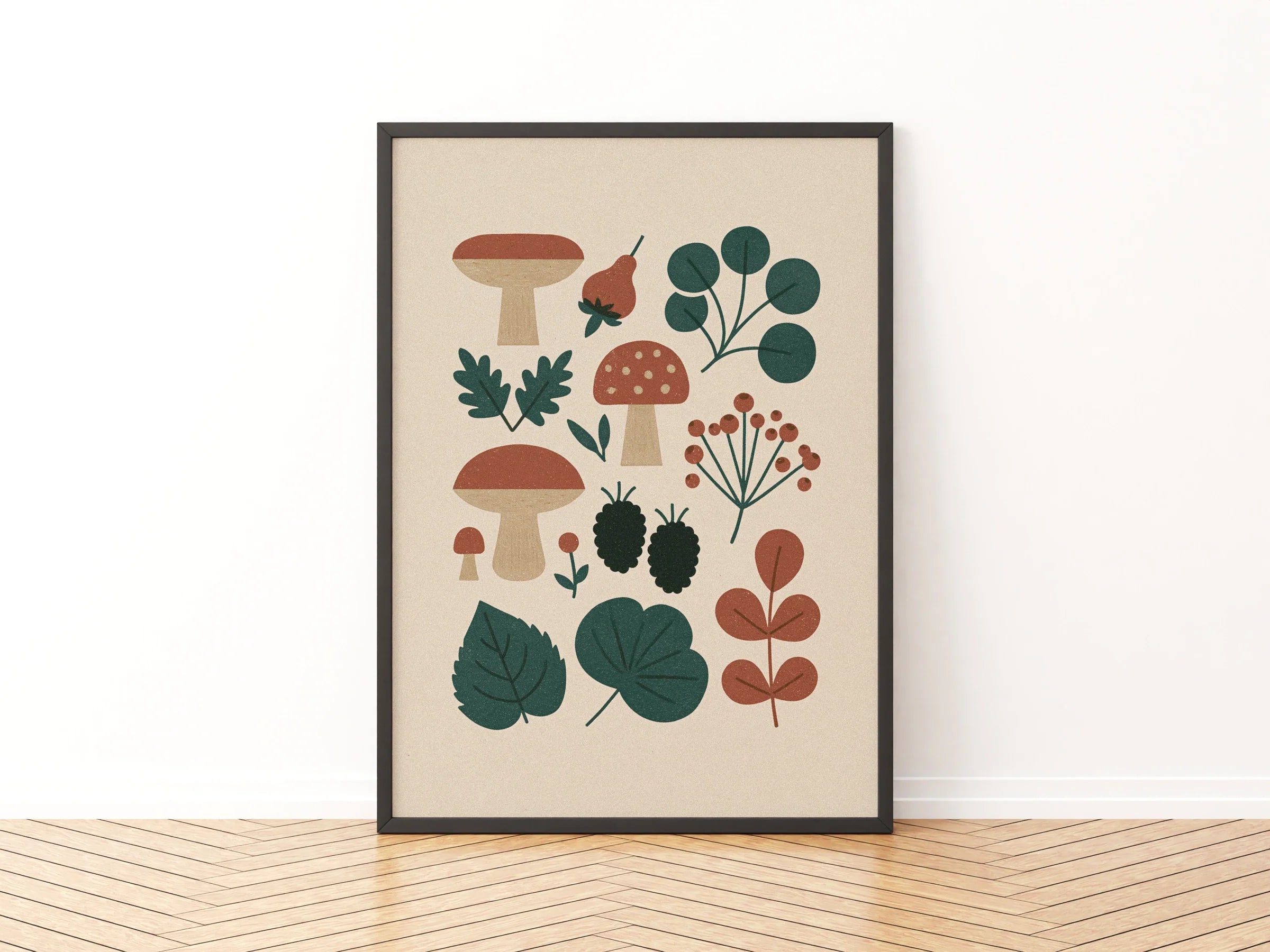 Vintage Food Poster Print | Rustic Kitchen Decor | Retro Mid Century Risograph Art Print - Fungi Mushroom Collection Wall Decor