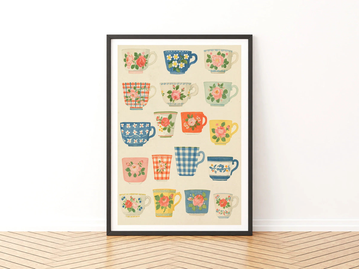 Vintage Tea Cup Poster Print | Rustic Kitchen Decor | Retro Mid Century Risograph Floral Mugs Art