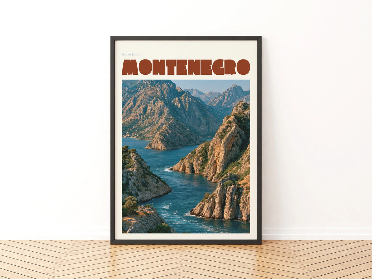 Montenegro Contemporary Travel Poster, Bay of Kotor Wall Art, Adriatic Balkans Print