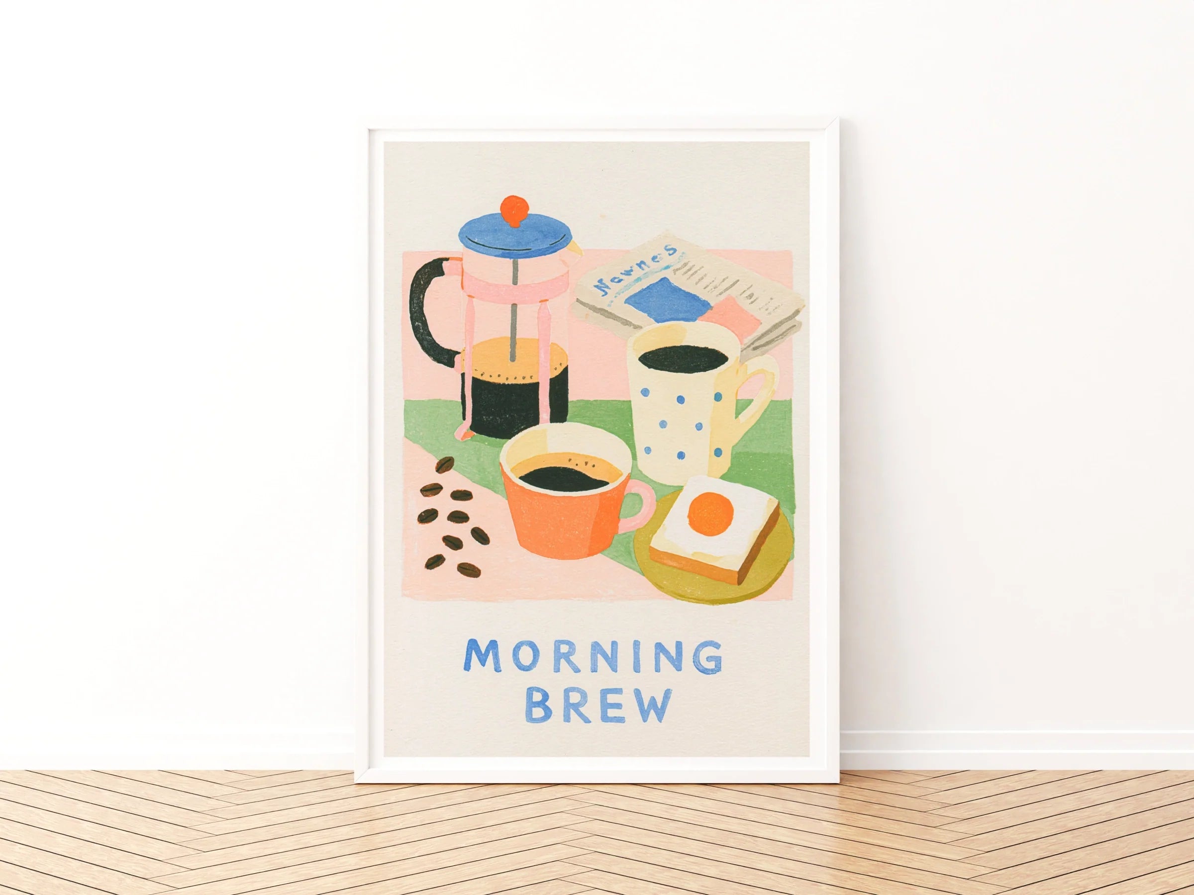 Morning Brew Vintage Food Poster Print | Rustic Kitchen Decor | Retro Mid Century Risograph Coffee