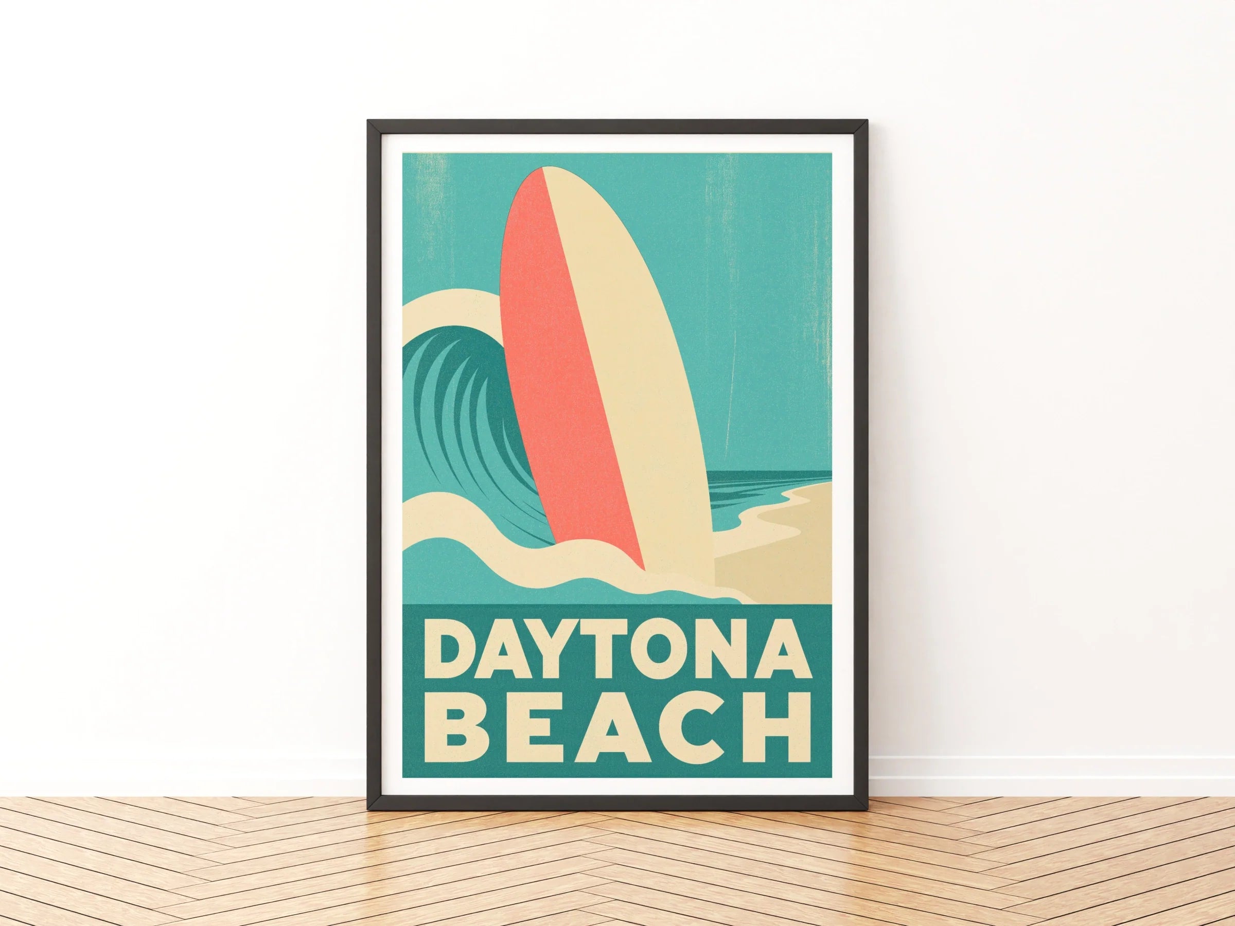 Daytona Beach Retro Surf Poster, Vintage Travel Print, Surfboard Wall Art Florida