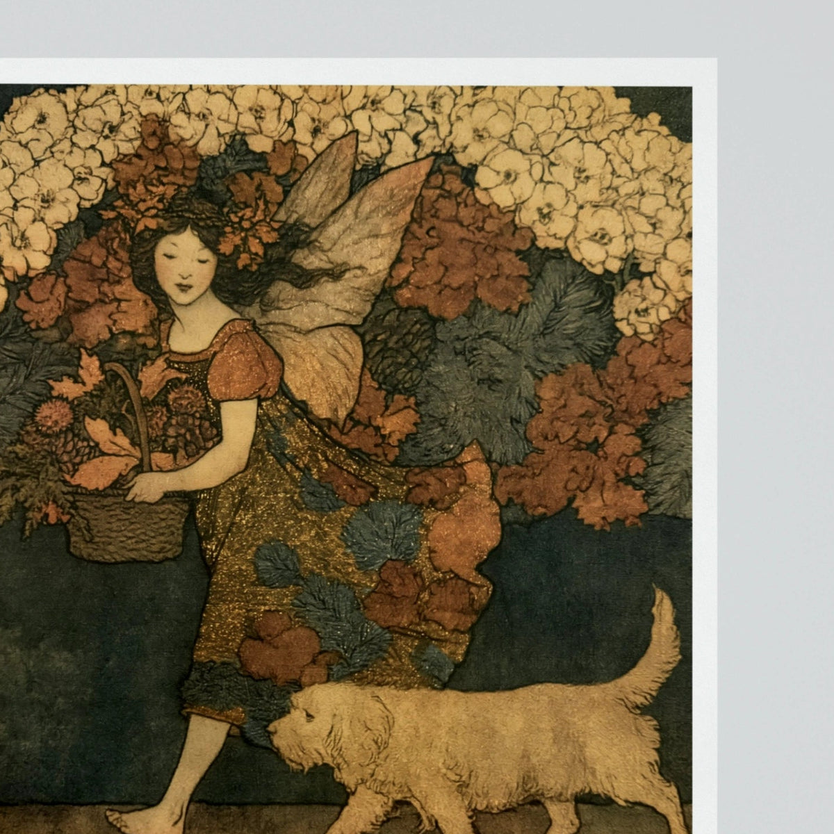 Fairy Girl with Dog Classic Inspired Print, Floral Folk Art Poster, Vintage Botanical Wall Art