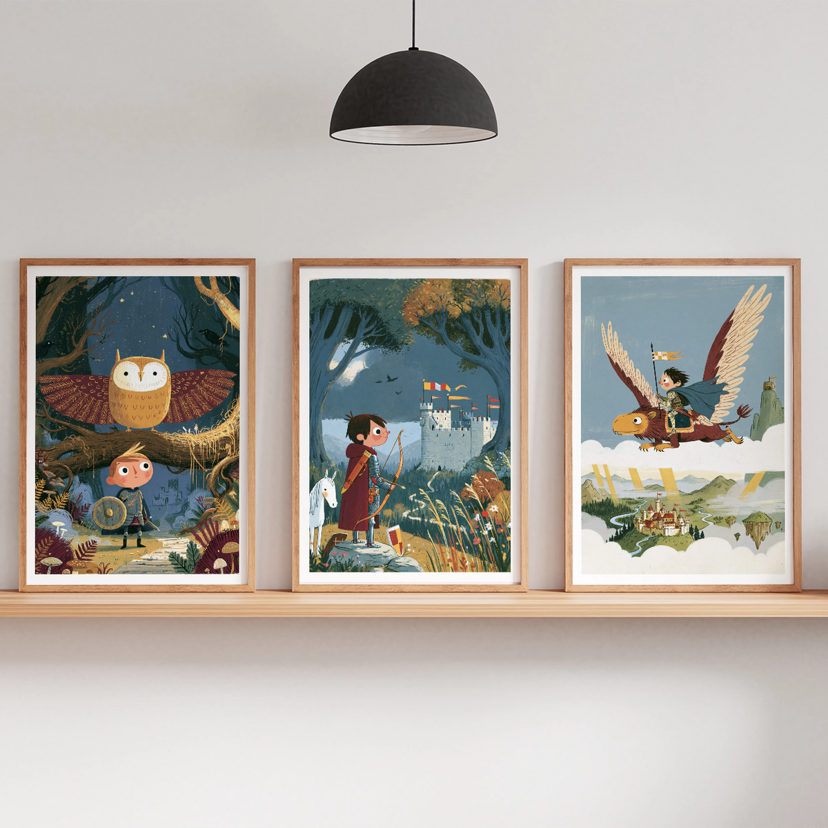 Three framed fantasy art prints displayed on a light wood floating shelf against a white wall, with a black pendant lamp above and small potted plants on either side.