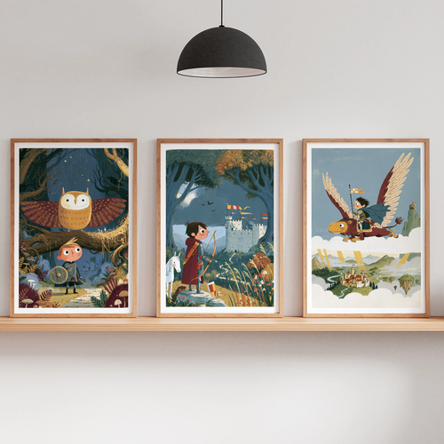 Three framed fantasy art prints displayed on a light wood floating shelf against a white wall, with a black pendant lamp above and small potted plants on either side.