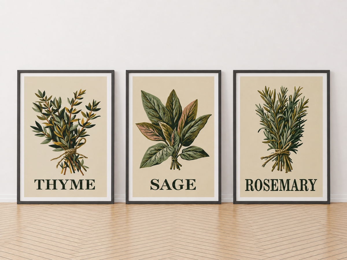 Three framed herb prints labeled THYME, SAGE, ROSEMARY in dark frames