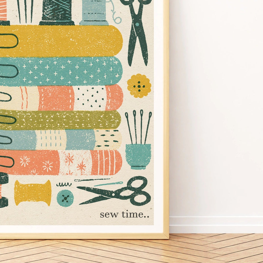 Sew Time Retro Sewing Print, Craft Room Wall Art, Fabric Scissors Thread Poster