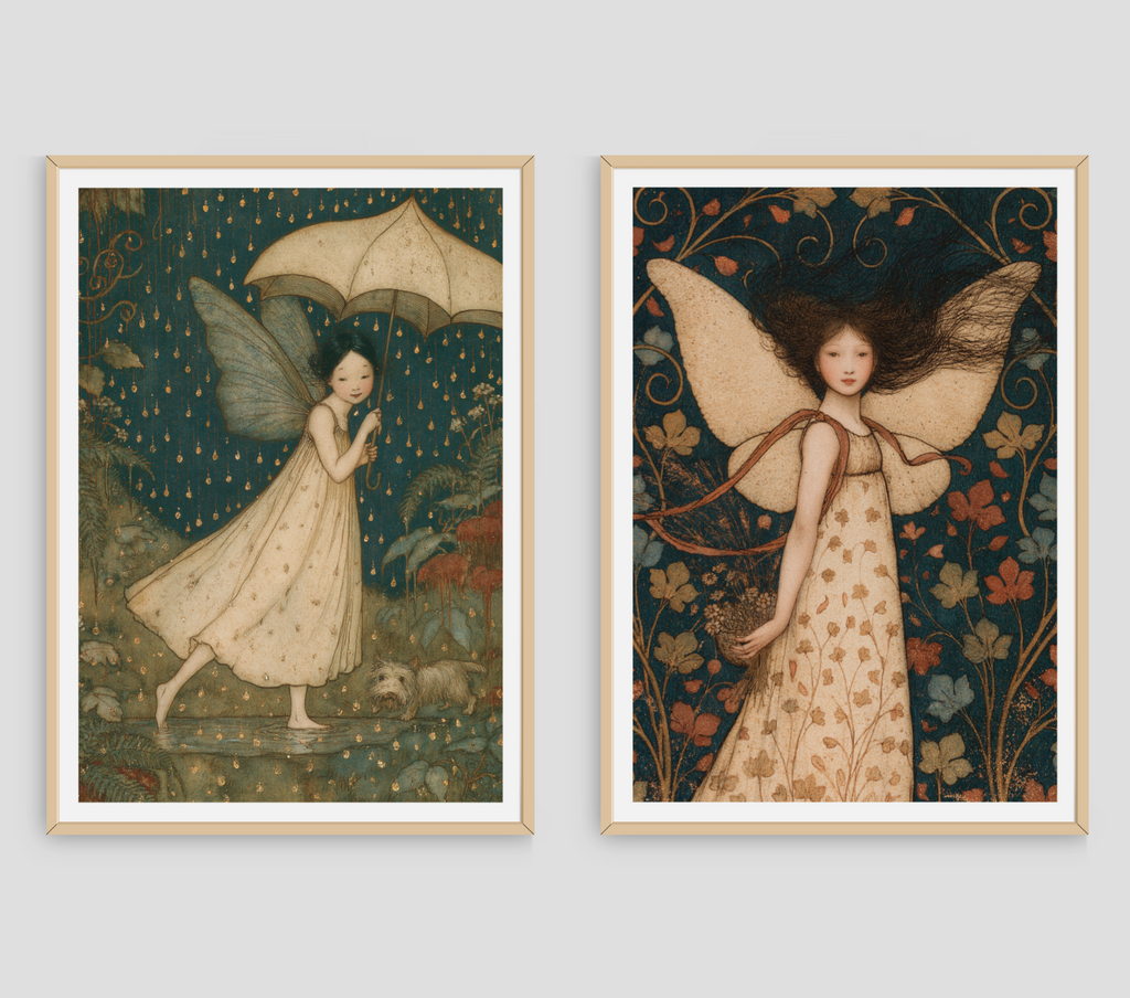 Two framed fairy art prints displayed side-by-side against a light gray wall. The left print shows a fairy in a cream dress holding a parasol under a dark teal rainy sky.