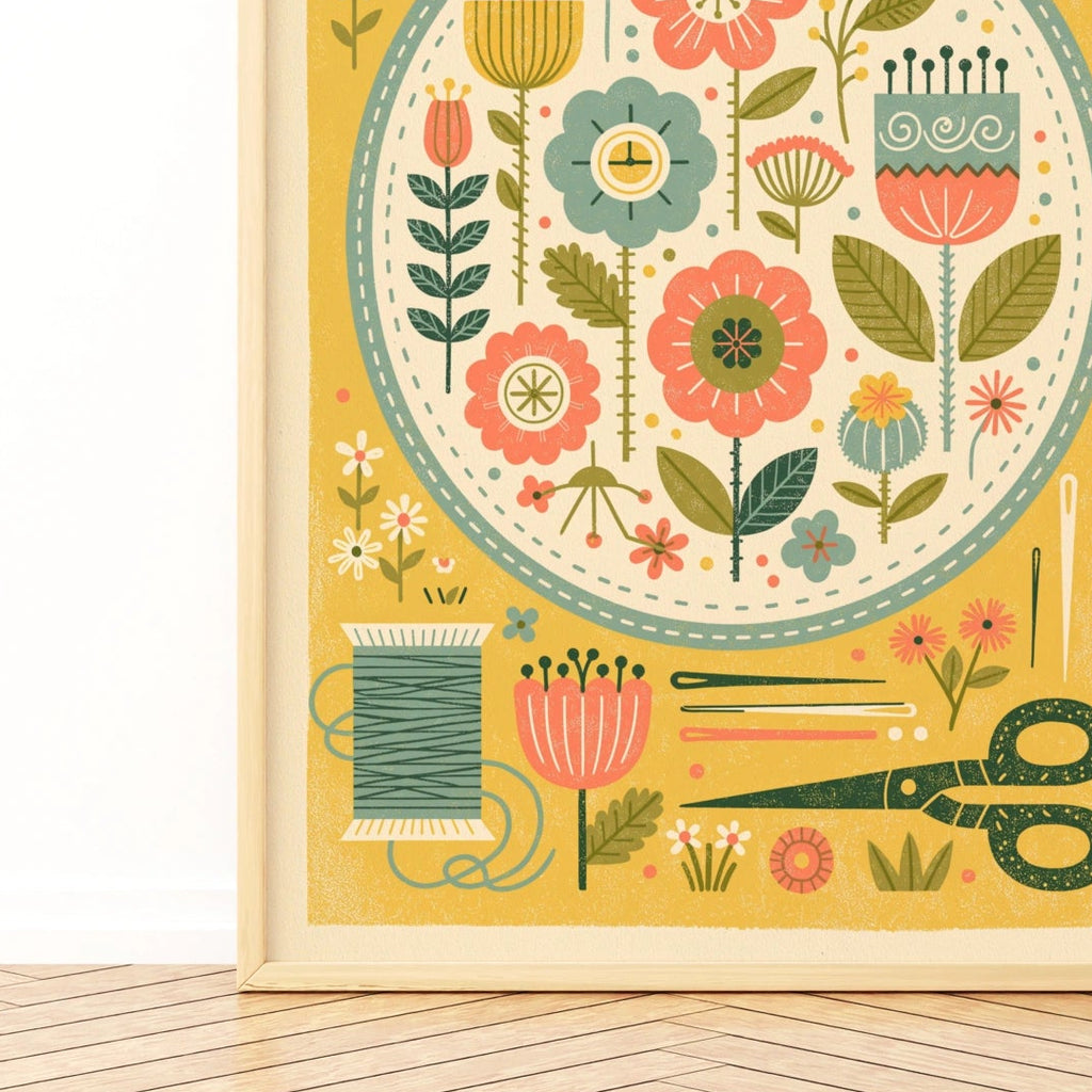 Embroidery Hoop Floral Sewing Print, Retro Craft Room Wall Art, Folk Flower Poster