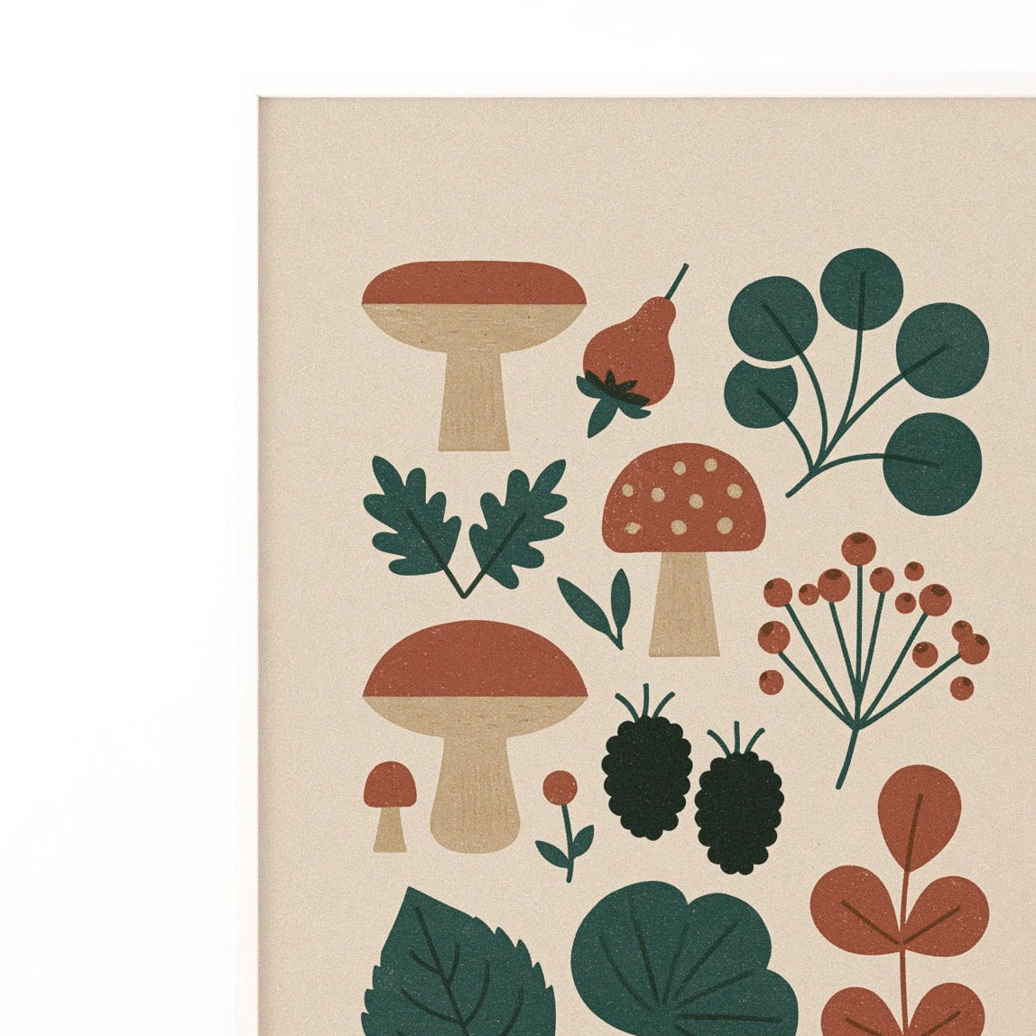 Vintage Food Poster Print | Rustic Kitchen Decor | Retro Mid Century Risograph Art Print - Fungi Mushroom Collection Wall Decor