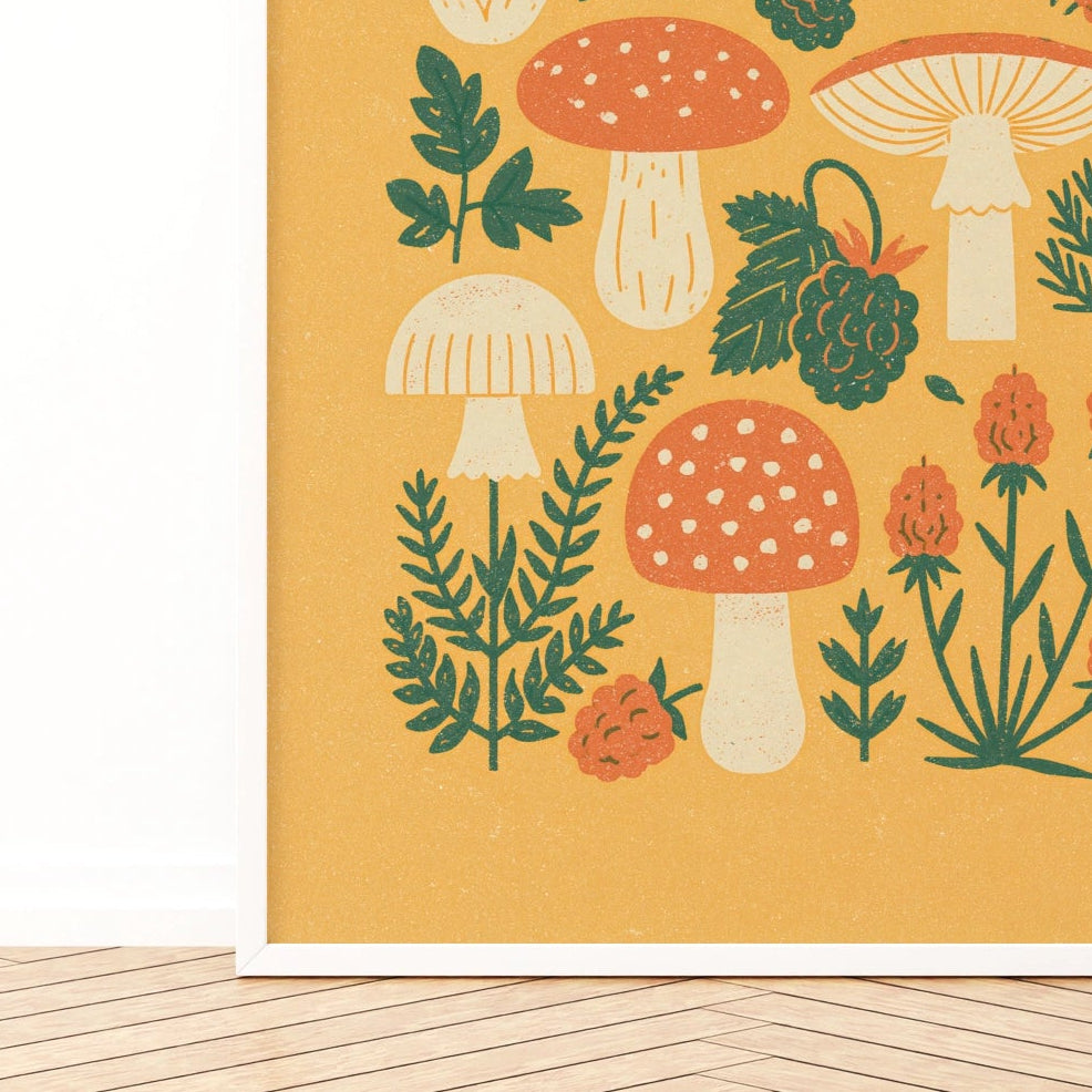 Vintage Food Poster Print, Mushroom & Berry Wall Art, Rustic Kitchen Decor, Retro Mid Century