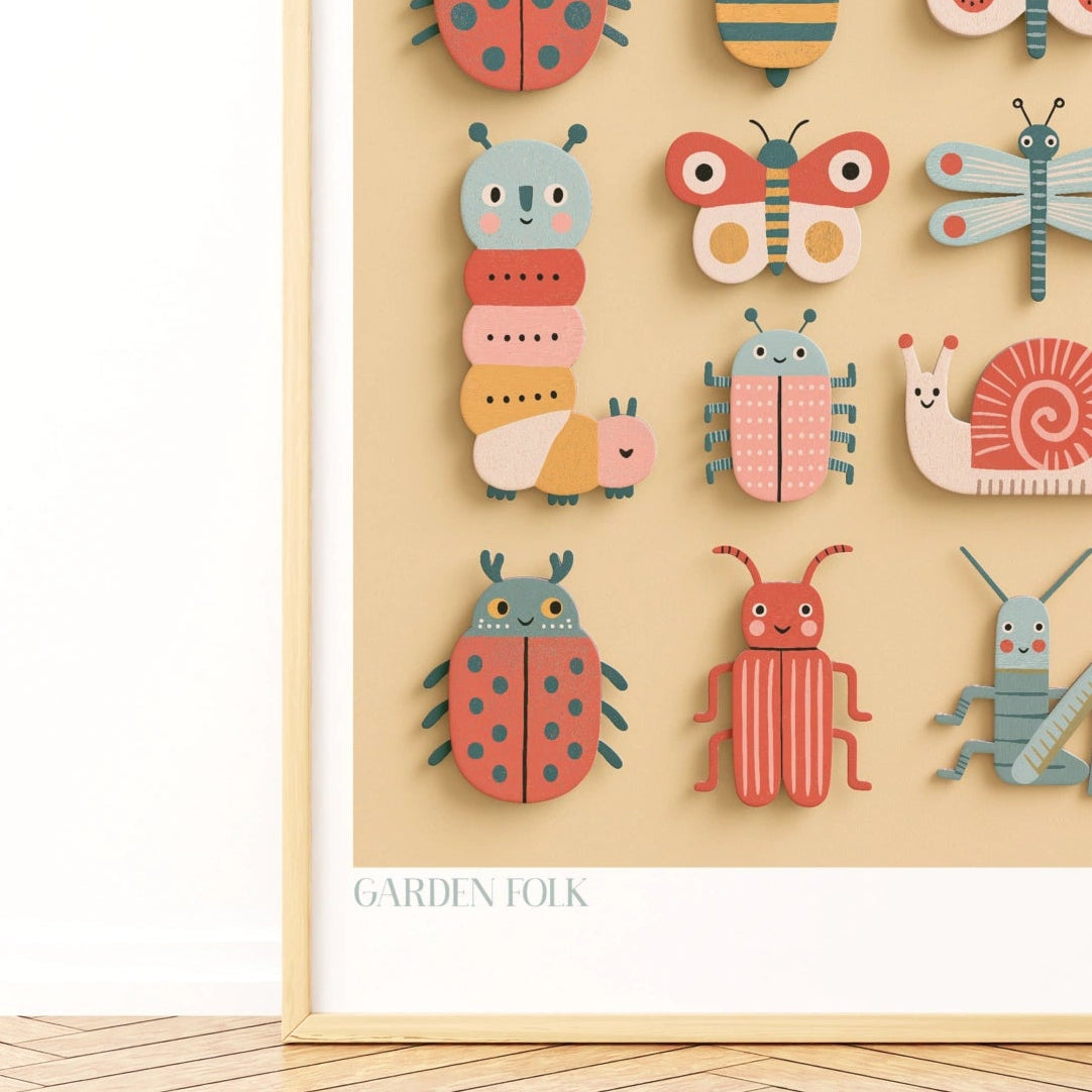 Garden Folk Bug Print, Retro Children's Insect Poster, Kids Wall Art Collectable