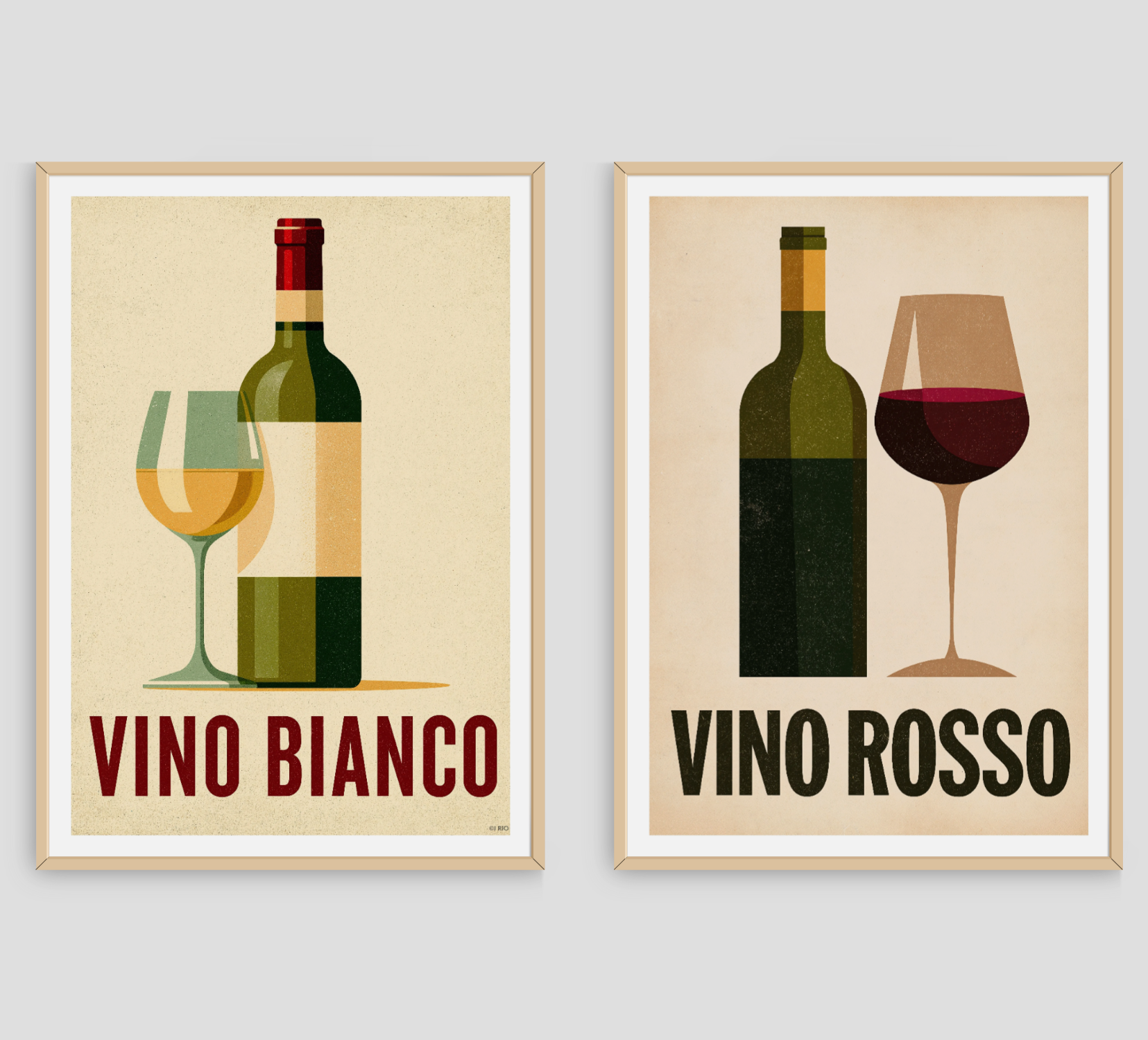 Two framed wall art prints showing stylized wine bottle and glass illustrations with the text 'VINO BIANCO' and 'VINO ROSSO' on a light gray background.