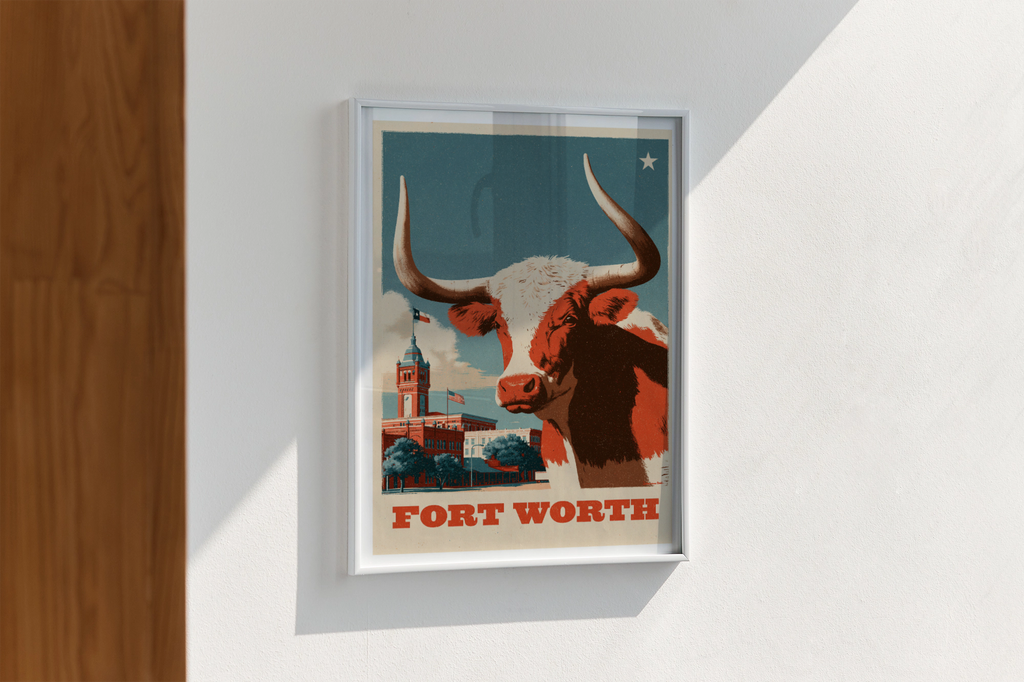 Longhorn bull framed print with teal background and "FORT WORTH" text, white frame