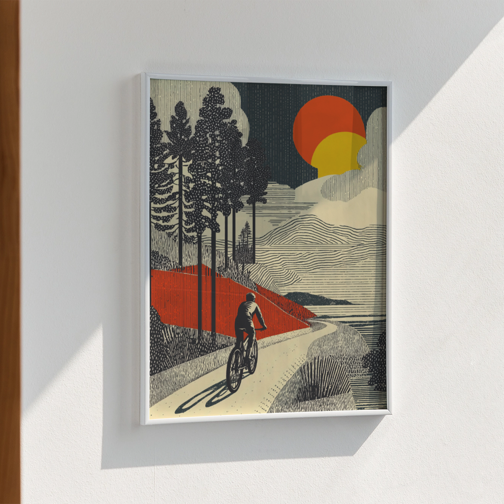A framed art print featuring a stylized illustration of a cyclist riding along a road, with trees, hills, and a large red and yellow sun, displayed on a white wall.