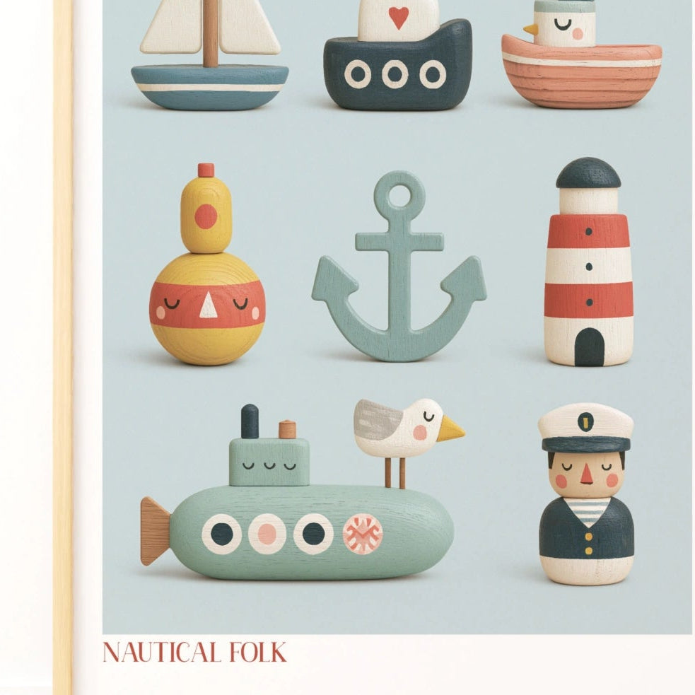 Nautical Folk Art Print, Retro Wooden Toy Poster, Children's Collectable, Kids Bedroom Sea Wall Art