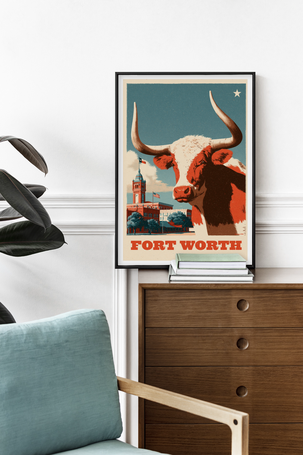 Longhorn bull framed print with teal background and "FORT WORTH" text, oak wood frame