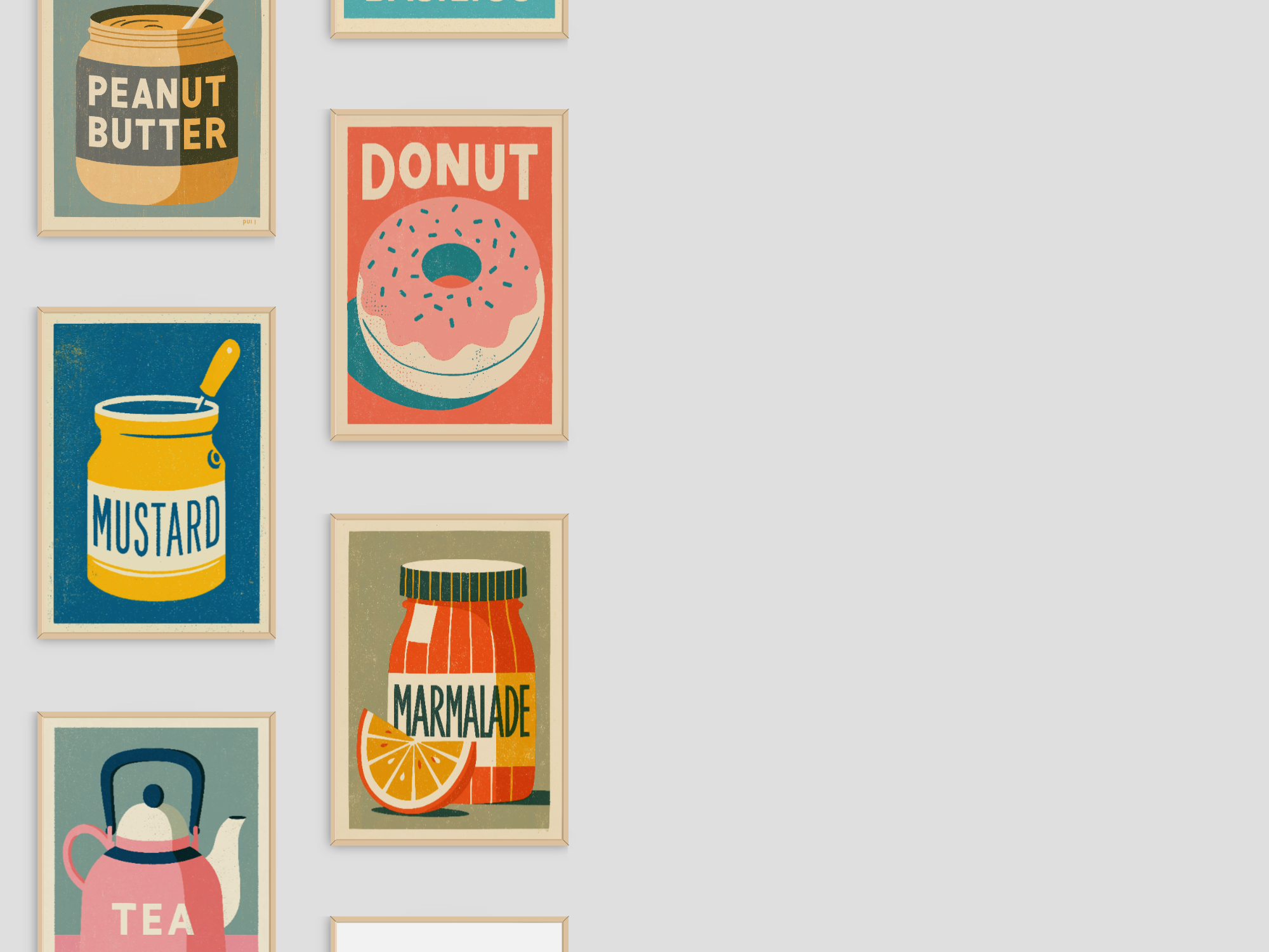 A set of six framed retro-style kitchen and snack illustrations arranged on a light gray background. The prints include Peanut Butter, Donut, Mustard, Marmalade, Tea, and a partially visible one labeled Coffee.