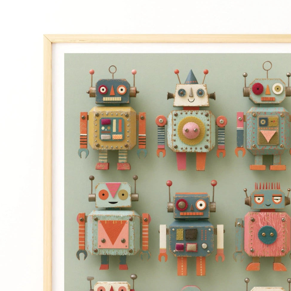 Retro Robot Folk Art Print, Children's Collectable Poster, Vintage Toy Wall Art Kids Room