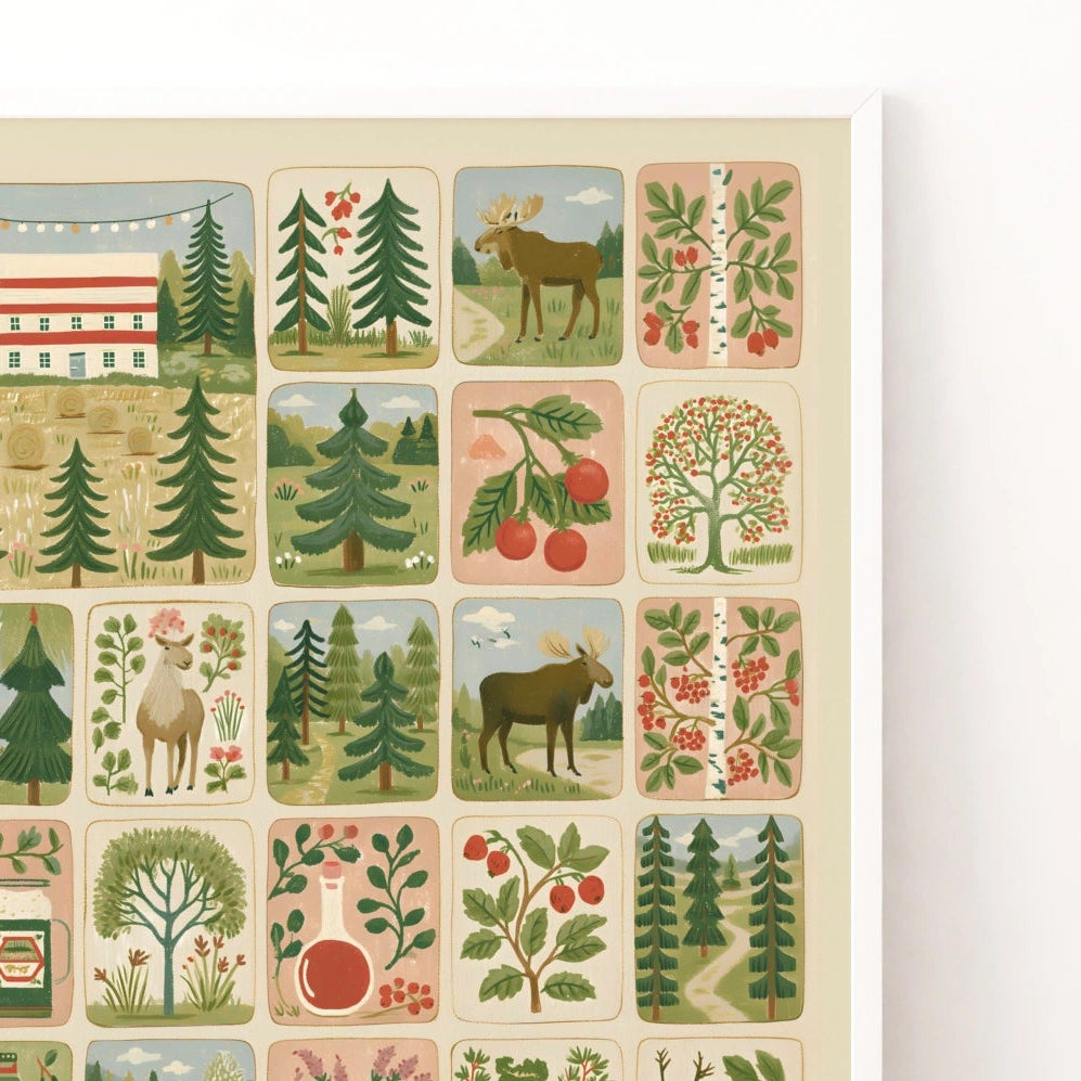 Scandinavian Folk Art Print, Nordic Forest Poster, Moose Berry Trees Illustration, Retro Home Print