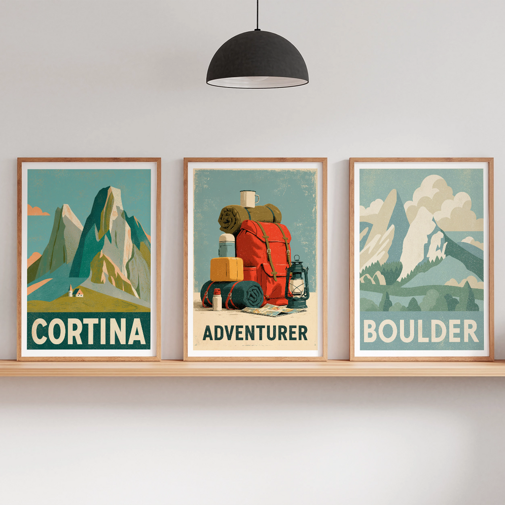 Three framed travel-style mountain posters hang on a wooden shelf in a styled room. The center poster reads "ADVENTER" and shows camping gear, while the side posters read "CORTINA" and "BOULDER" and depict mountain scenes.