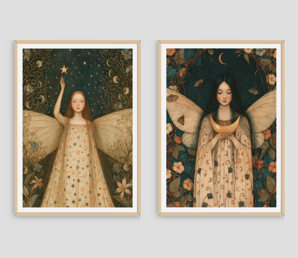Two framed art prints featuring fairy-like female figures in ornate dresses against dark celestial and floral backgrounds, displayed side by side on a light gray wall.