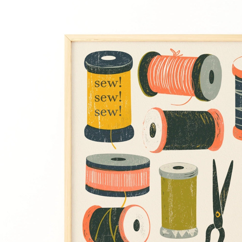 Retro Sewing Print, Thread Spools Wall Art, Craft Room Poster, Sewing Gift