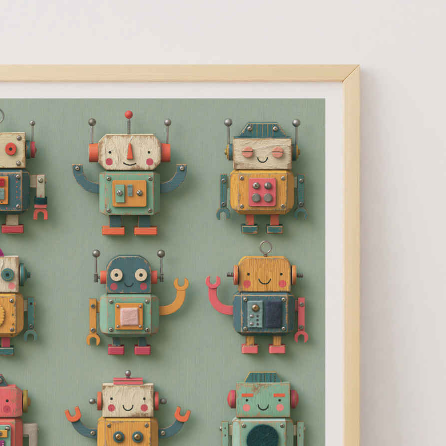 A framed art print featuring a retro 3D-style collection of nine colorful toy robots on a muted sage green background, leaning against a white wall on a light wood floor.