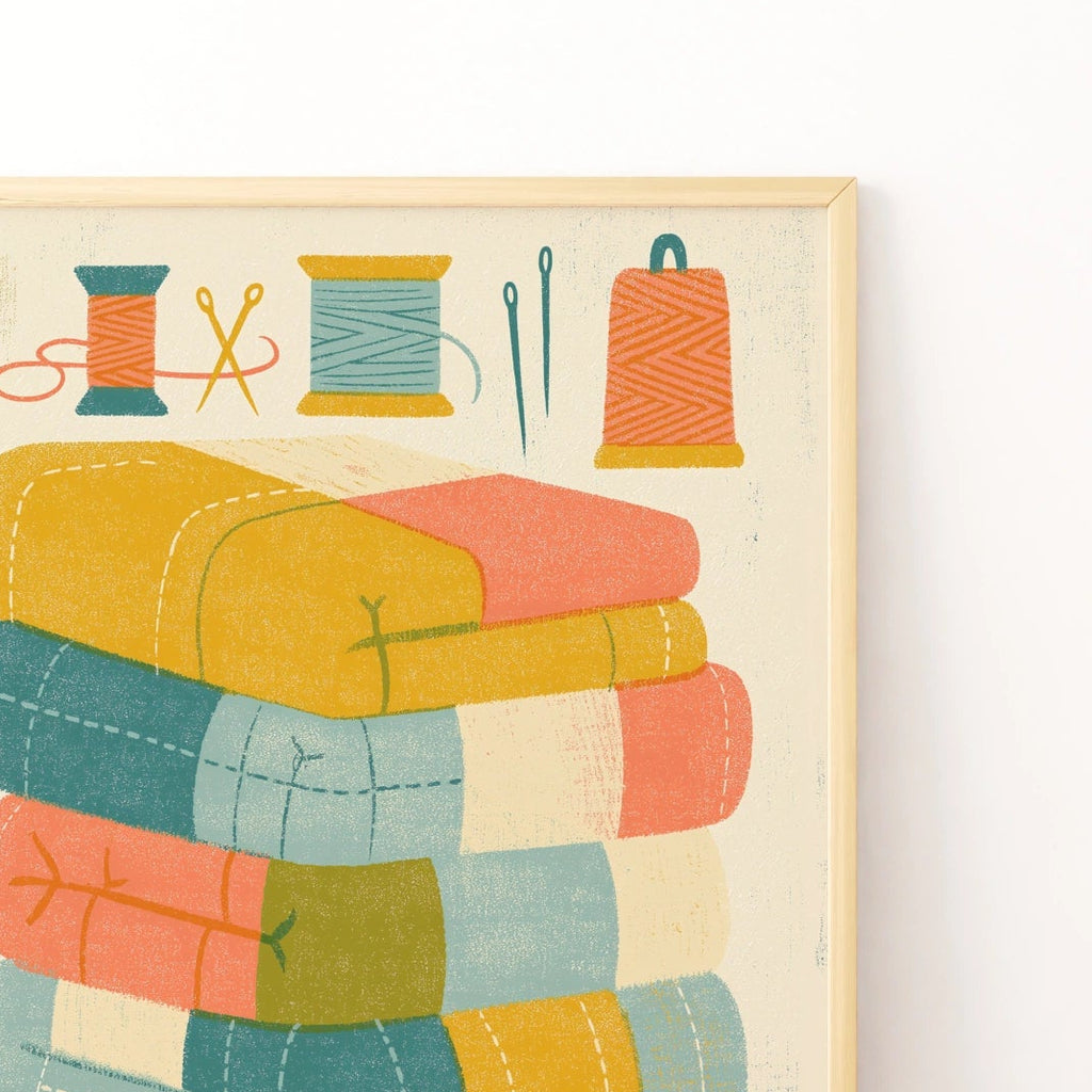 Retro Sewing Print, Patchwork Quilt Poster, Craft Room Wall Art, Fabric Stack Gift