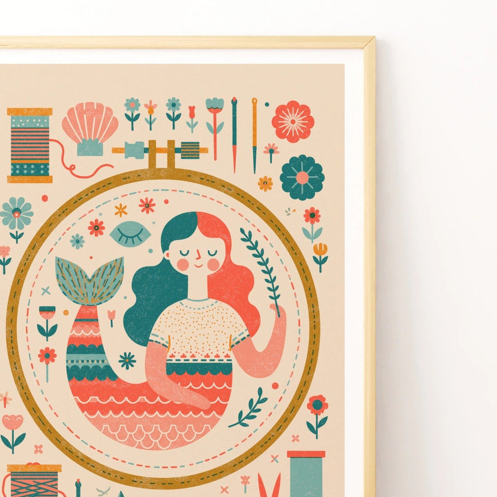 Retro Mermaid Sewing Print, Craft Room Wall Art, Embroidery Hoop Poster, Folk - Mid century Style Print
