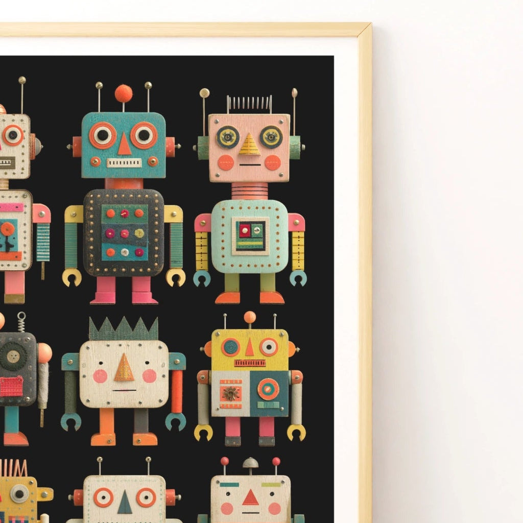 Retro Robot Poster, Bot Folk Kids Wall Art, Vintage Toy Robot Print, Colourful Children's