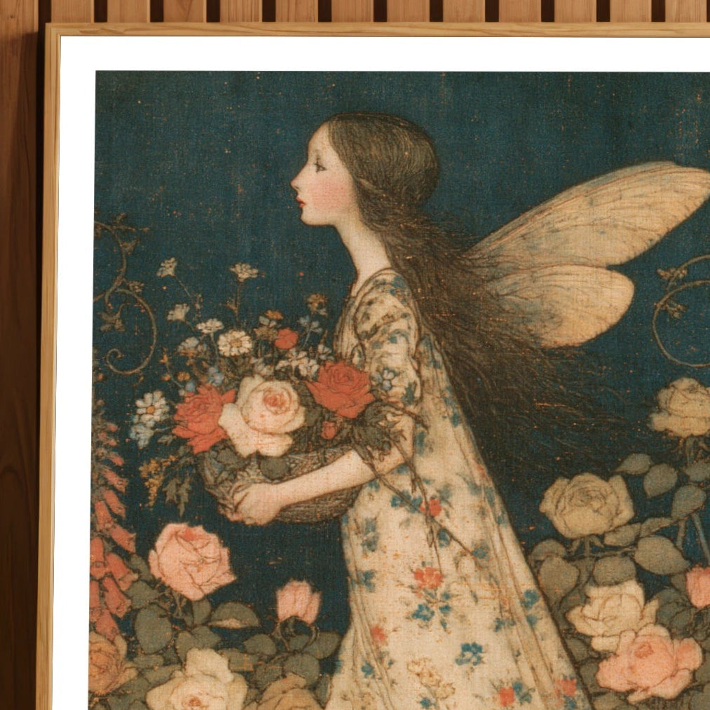 Fairy Garden Print, Classic Arthur Rackham Style Folk Art Poster, Rose Floral Wall Art, Vintage Fairy Dog Illustration
