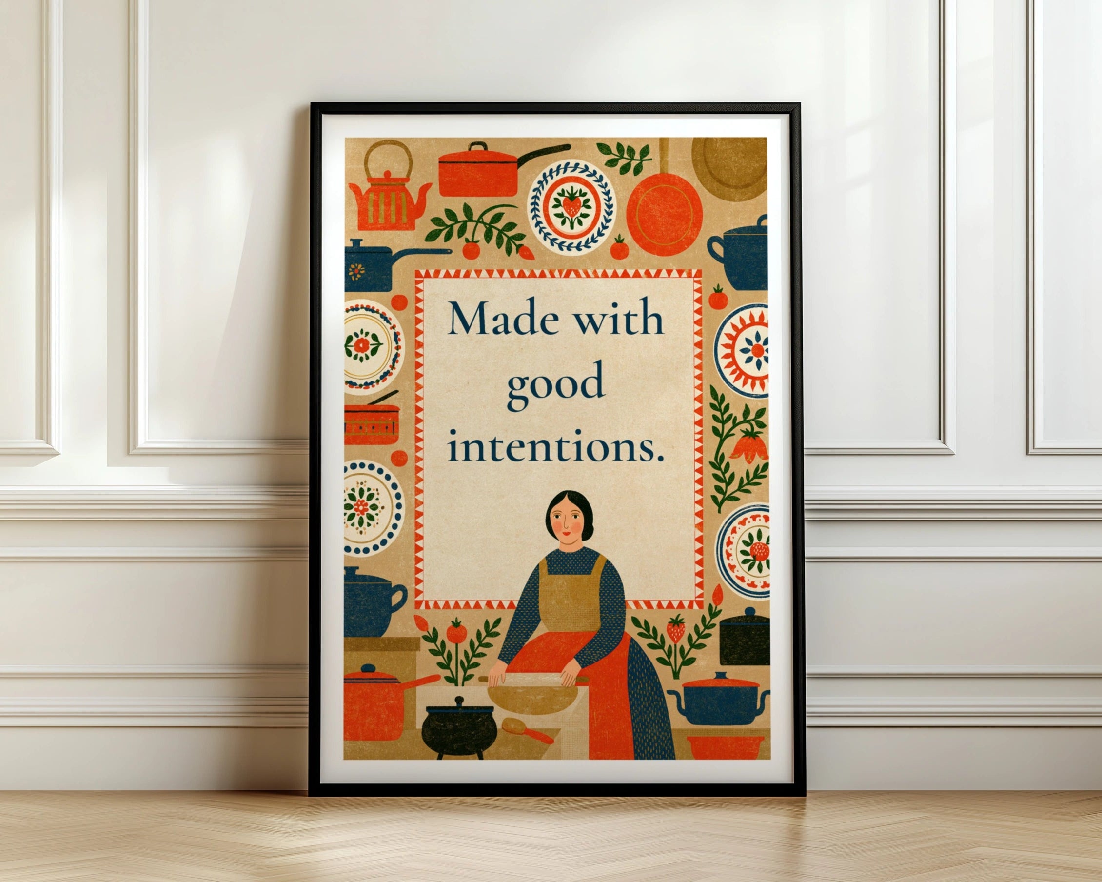 Made With Good Intentions Retro Kitchen Poster, Folk Art Cooking Print, Vintage Home