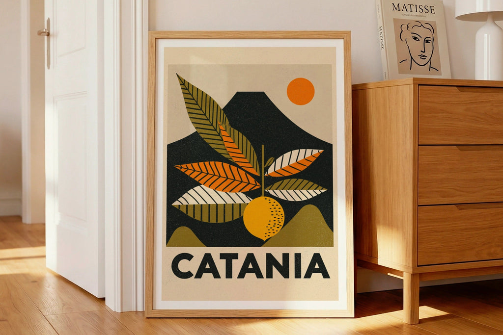 Catania Retro Travel Poster, Sicily Italy Print, Vintage Travel Wall Art, Citrus Orange Etna
