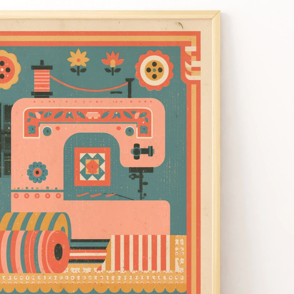 Sew Happy Retro Sewing Print, Craft Room Wall Art, Sewing Machine Poster Gift