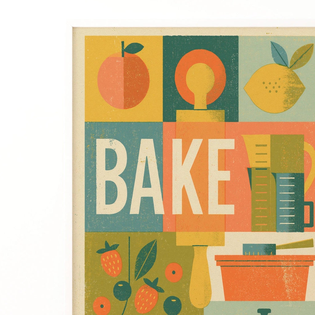 Vintage Food Poster Print, Bake Kitchen Wall Art, Rustic Retro Mid Century Risograph Decor