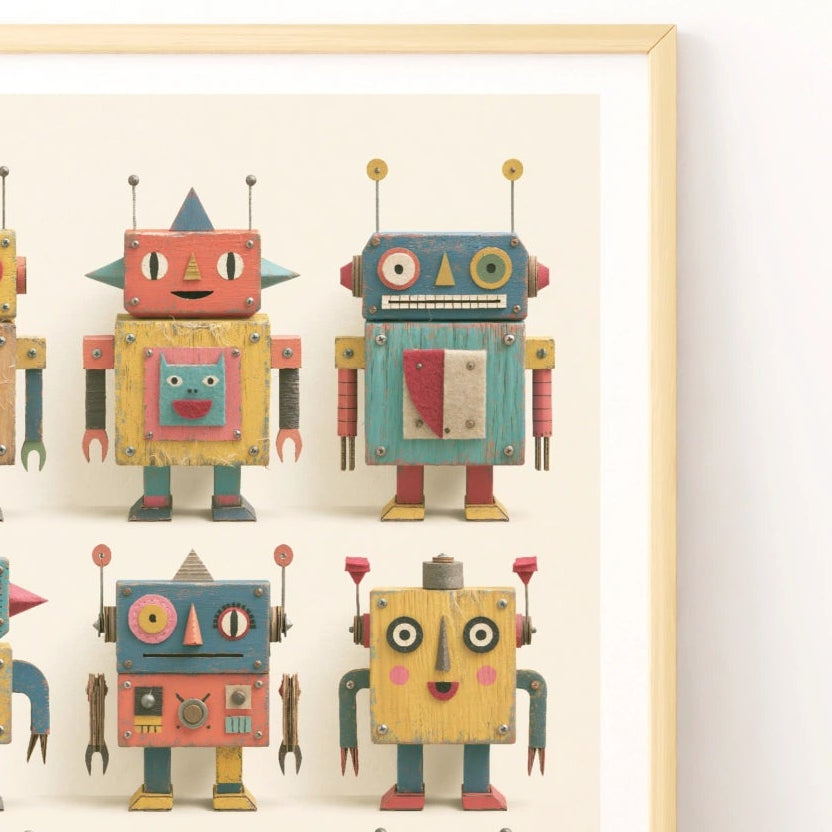 Robot Folk Art Print, Retro Children's Collectable Poster, Vintage Toy Robot Kids Wall Art