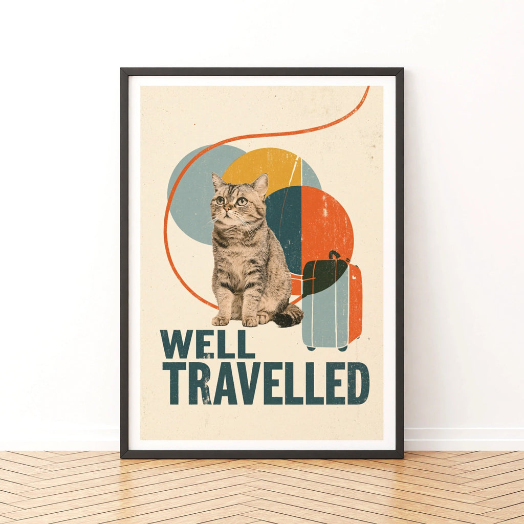 Well Travelled Retro Cat Print, Vintage Travel Wall Art, Funny Cat Gift, Folk Style