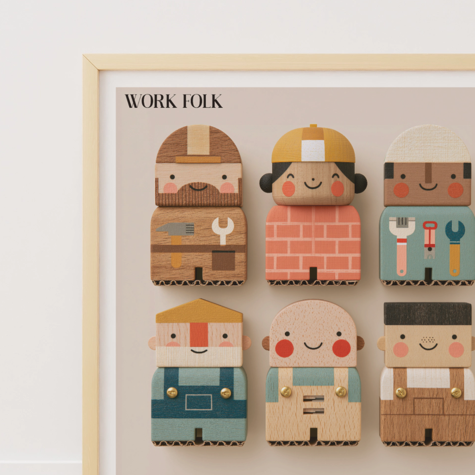 A framed art print featuring six cute, block-style cartoon workers in various trades, displayed on a light wood floor against a white wall.