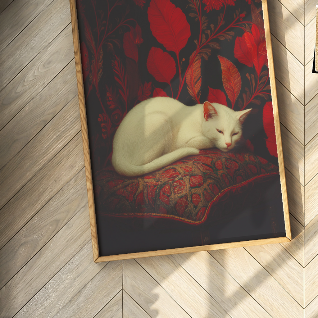 Sleeping White Cat Print