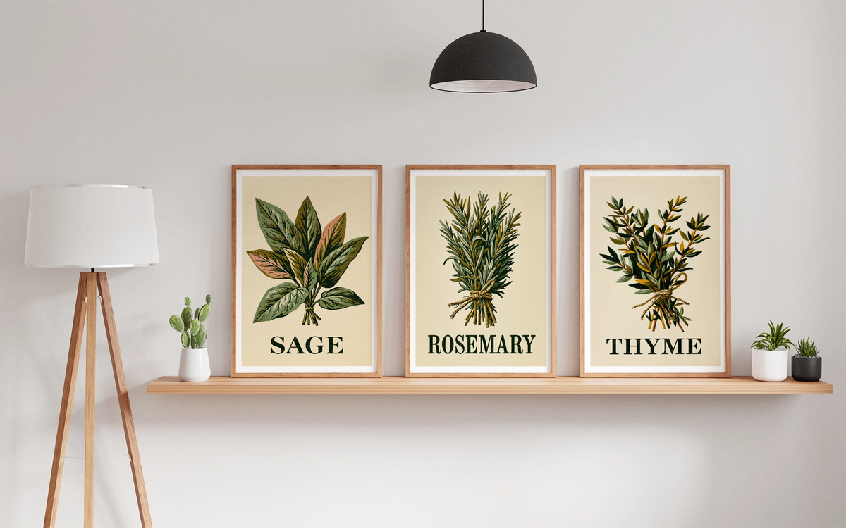 Sage Herb Vintage Food Poster Print | Rustic Kitchen Decor | Retro Mid Century Risograph Art