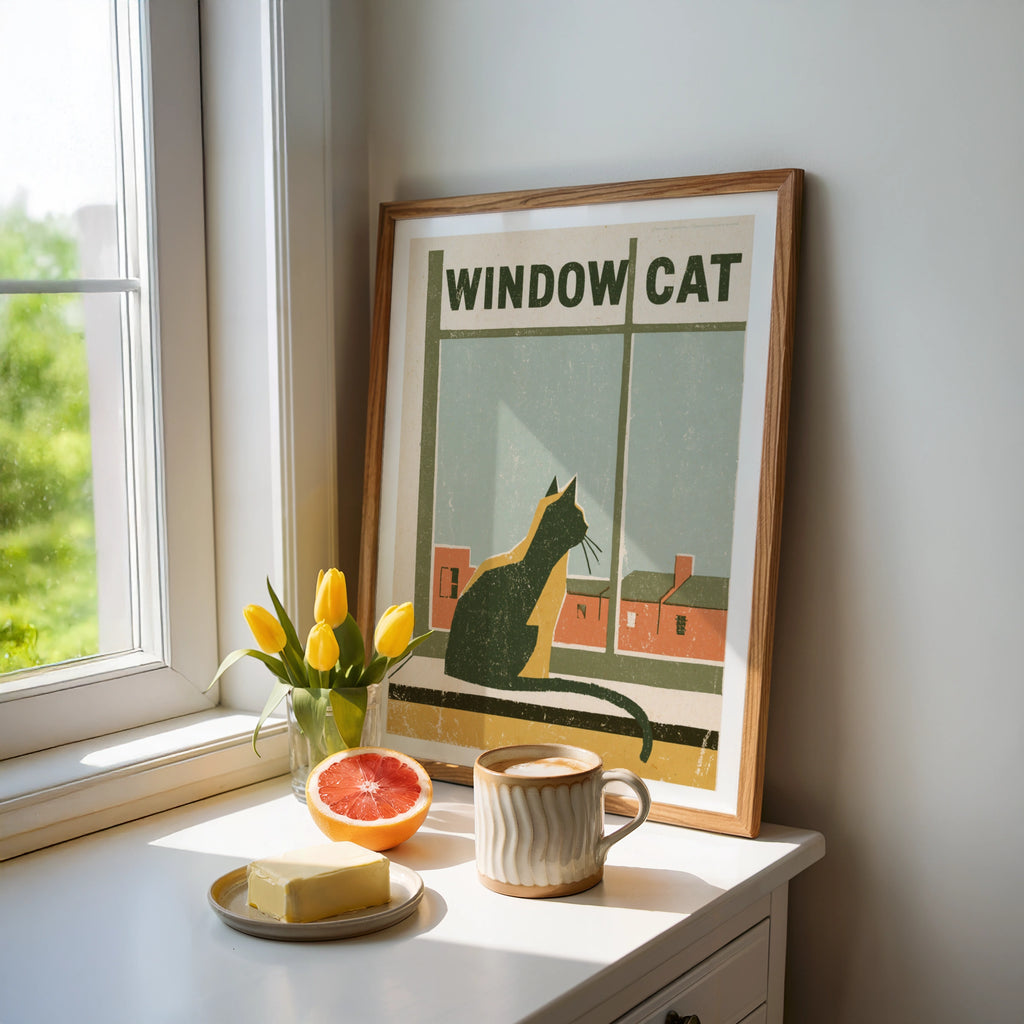 Window Cat Retro Print, Vintage Cat Wall Art, Folk Style Cat Lover Gift, Quirky