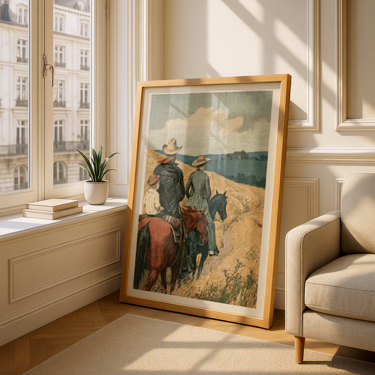Vintage Western Print, Cowboy Family on Horseback, Prairie Landscape, Rustic Ranch Wall Art Poster