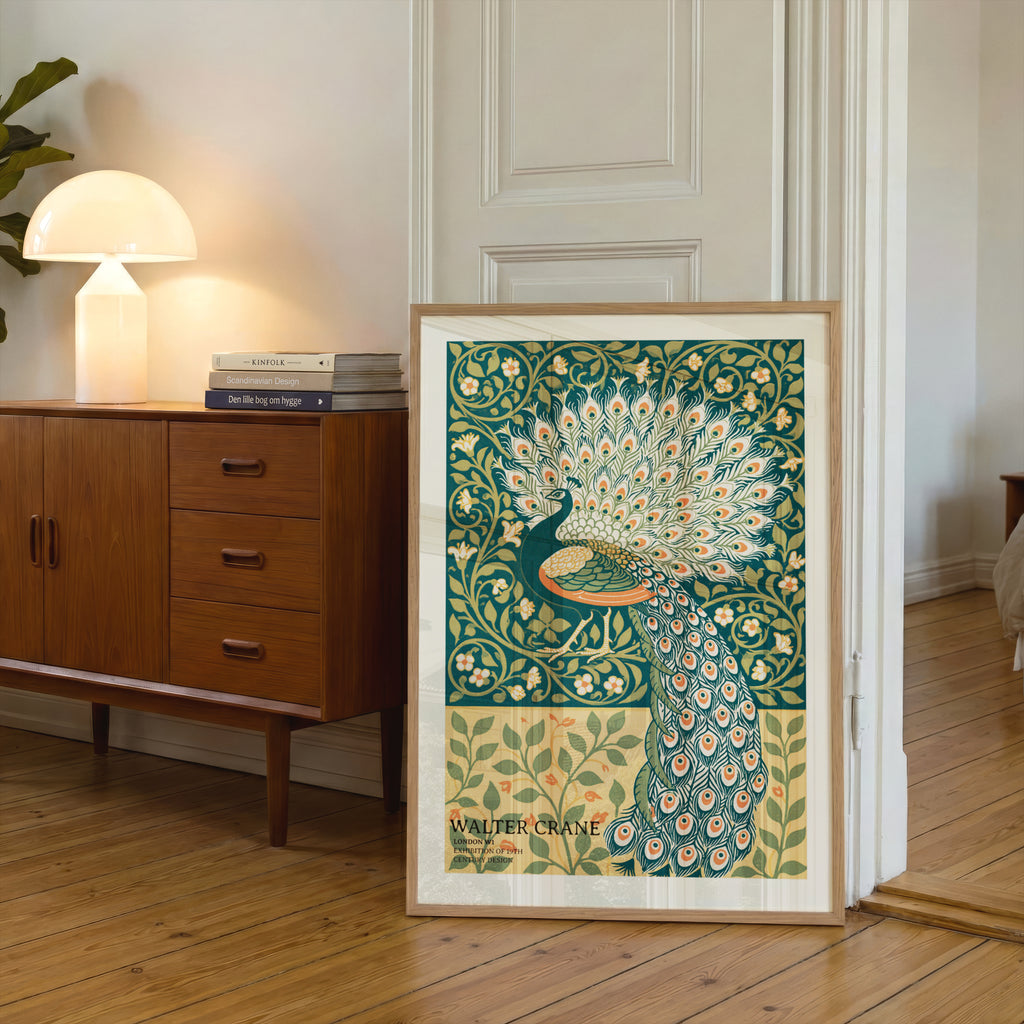 Walter Crane Peacock Print, Vintage Exhibition Poster, Arts and Crafts Nature Wall Art, Teal Floral