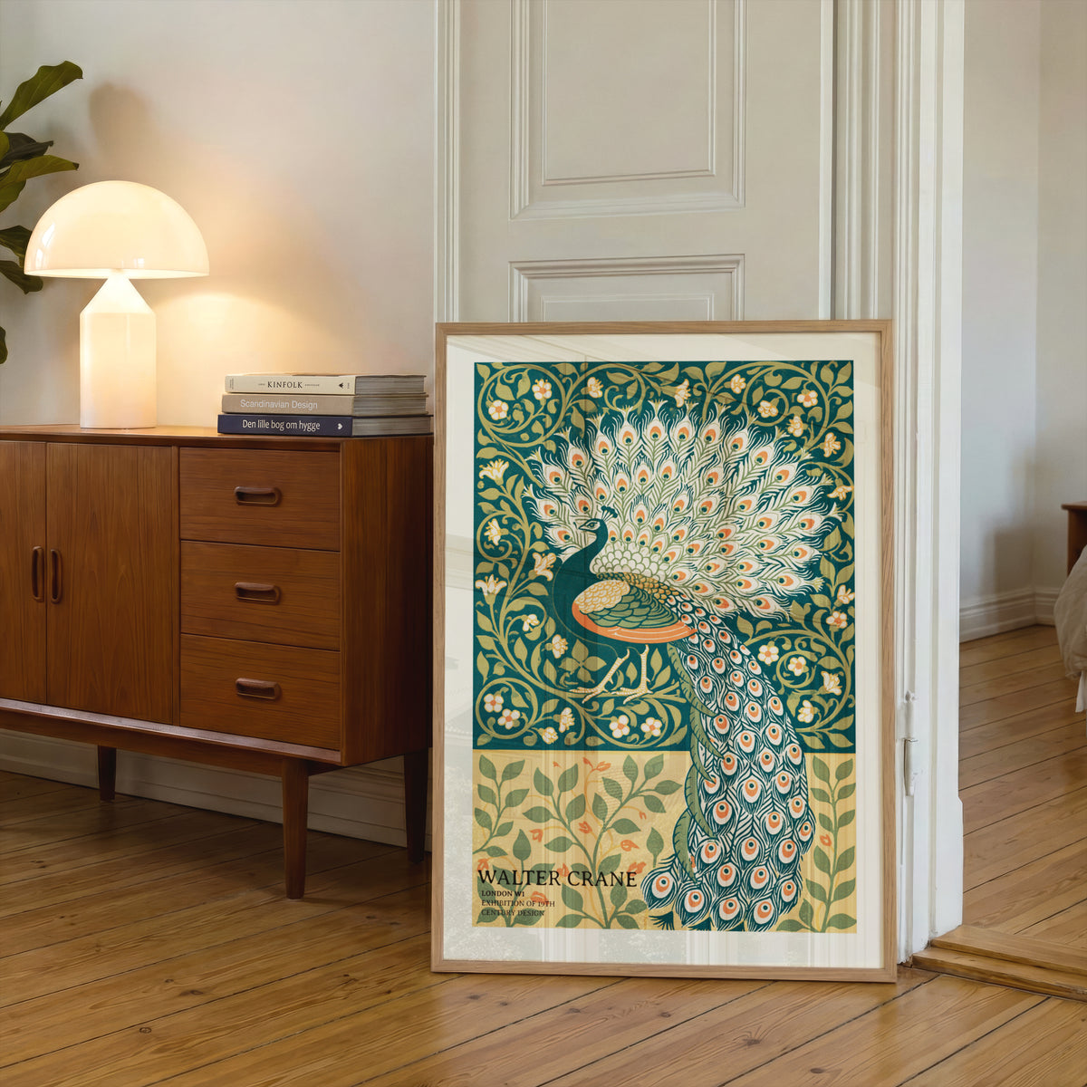 Walter Crane Peacock Print, Vintage Exhibition Poster, Arts and Crafts Nature Wall Art, Teal Floral