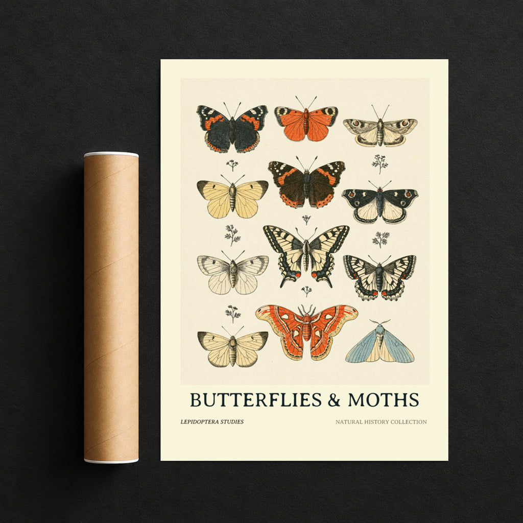 Vintage Butterflies and Moths Poster, Natural History Wall Art, Botanical Entomology Print