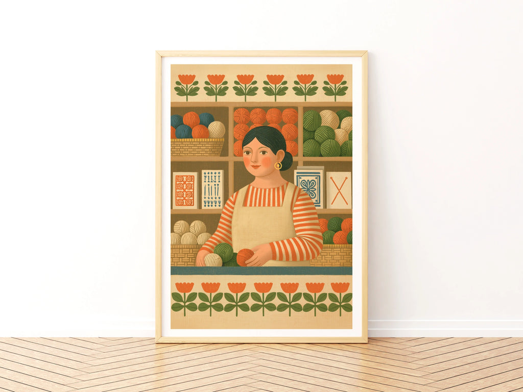 Retro Yarn Shop Print, Sewing Craft Room Wall Art, Folk Style Knitting Poster, Gift for Crafter