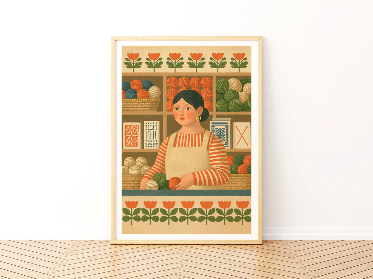Retro Yarn Shop Print, Sewing Craft Room Wall Art, Folk Style Knitting Poster, Gift for Crafter