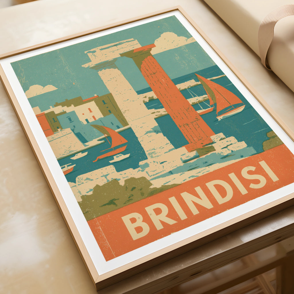 Brindisi Vintage Travel Poster, Italy Retro Wall Art Print, Puglia Sailing Harbour