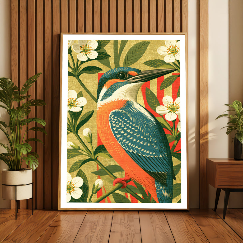 Kingfisher Bird Print, Retro Botanical Wall Art, Classic Inspired Blossom Poster, Vintage Style